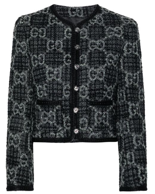 Gucci Black Monogram-pattern Bouclé-texture Wool And Cotton-blend Jacket