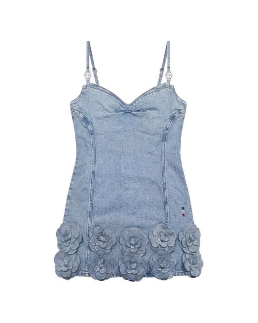 Philipp Plein Blue Denim Mini Dress Roses Strass