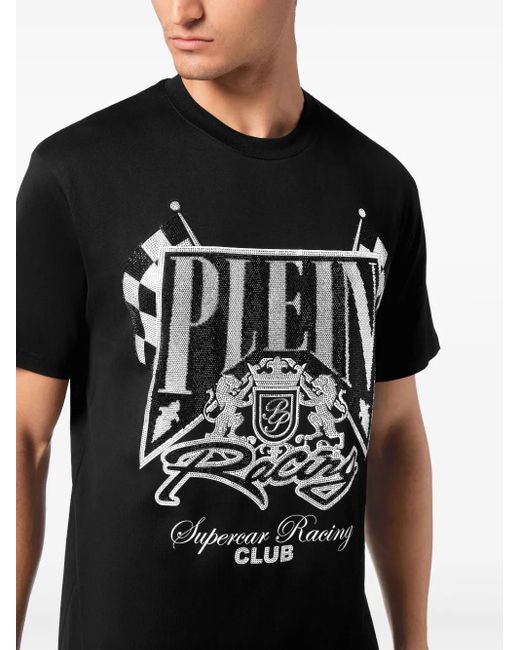 Philipp Plein Black Strass Racing Club T-Shirt for men