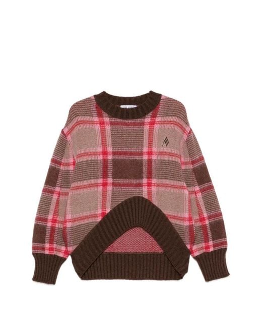 The Attico Red Plaid Curved-Hem Knit Sweater