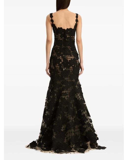 Oscar de la Renta Black Floral Cut-Out Threadwork Gown
