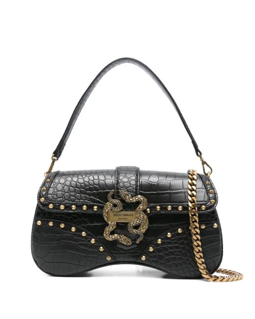 Just Cavalli Black Snake-Embellished Studded Shoulder Bag
