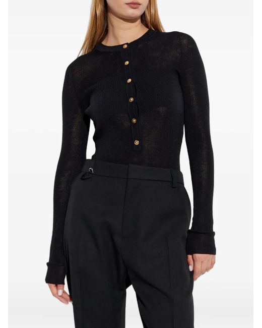 Versace Blue Merino Wool Ribbed Knit Henley Top