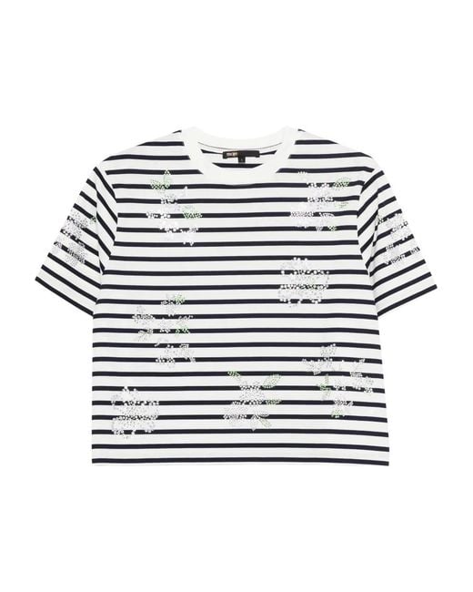 Maje Blue Striped Rhinestone Flower T-Shirt