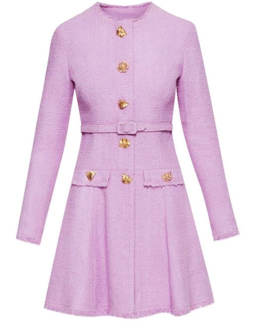 Oscar de la Renta Purple Floral Button-detail Tweed Minidress