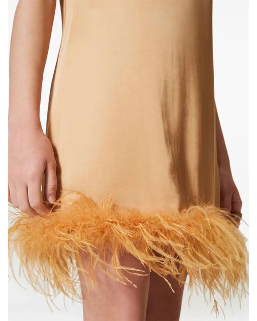 Twinset Natural Feather-Detail Satin-Finish Mini Dress