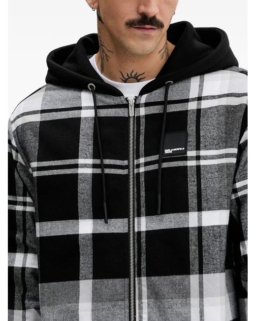 Karl Lagerfeld Gray Hooded Checked Cotton Jacket for men
