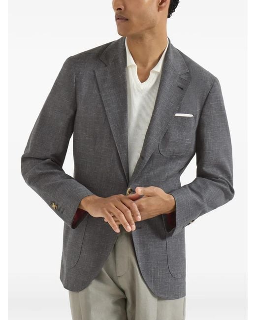 Brunello Cucinelli Gray Blazer Déstructuré En Fresco De Laine, Soie Et Lin À Poches Plaquées for men