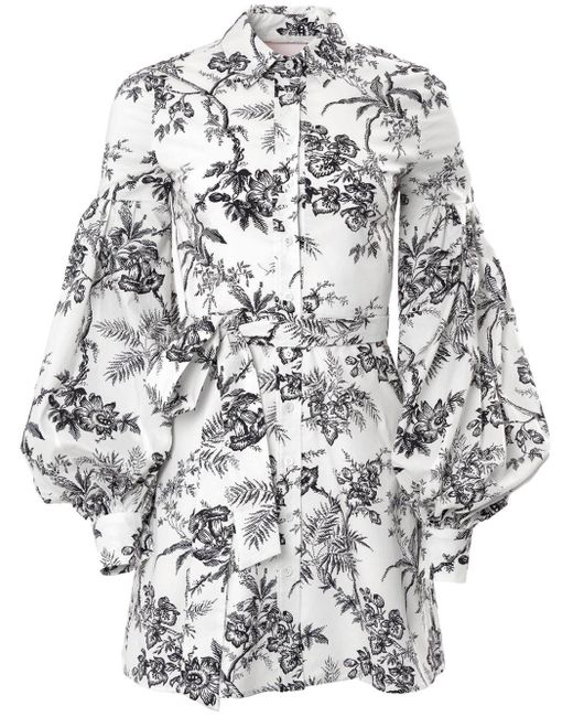 Carolina Herrera Gray Botanical-toile Puff-sleeve Shirt Dress