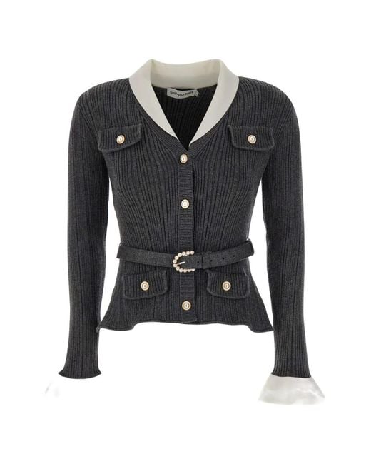Self-Portrait Black Belted Ribbed-Knit Cardigan