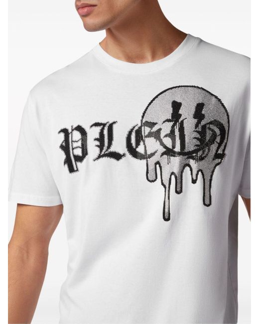 Philipp Plein White Rhinestone-logo Cotton T-shirt for men