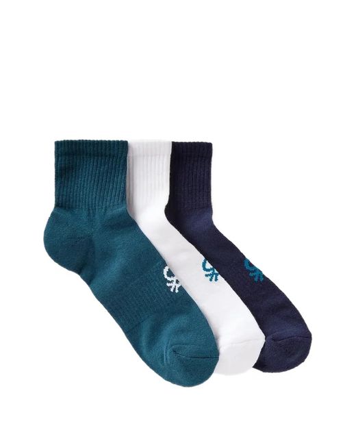 Benetton Blue Ribbed-Knit Logo-Embroidered Socks (Set Of Three) for men