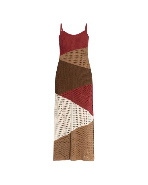 Akep Brown Colour-Block Open-Knit Maxi Dress