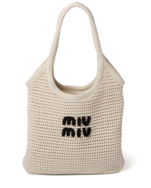Miu Miu Natural Logo-embroidered Interwoven Tote Bag