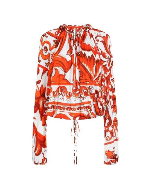 Dolce & Gabbana Red Majolica-Print Organzine Top