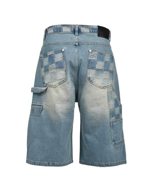 BREATH Blue Check-Pattern Distressed Shorts for men