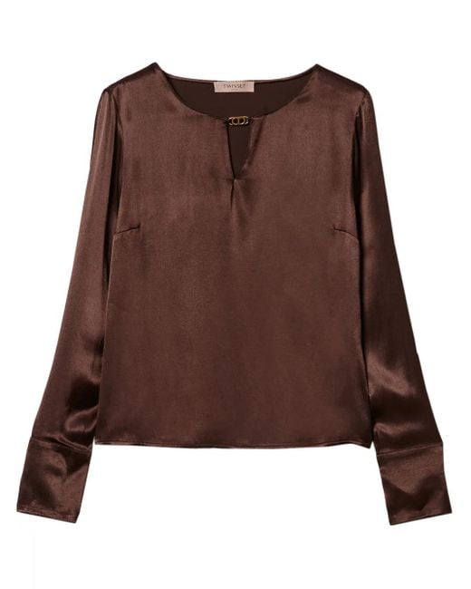 Twinset Brown Appliqué-Logo Satin Blouse