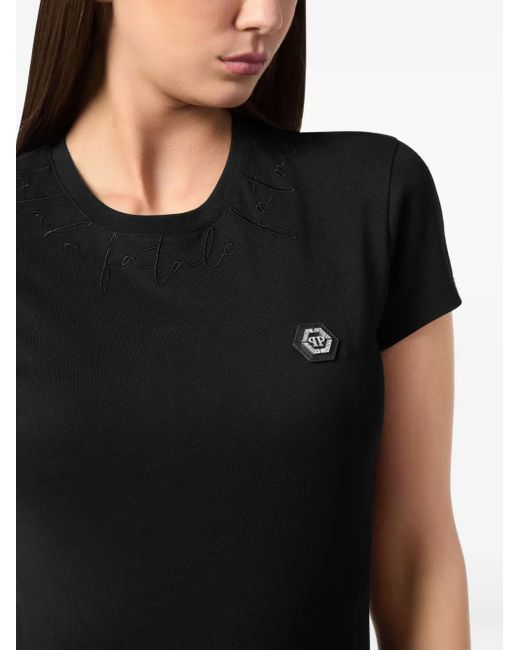 Philipp Plein Black Logo Fatale-Embroidered T-Shirt