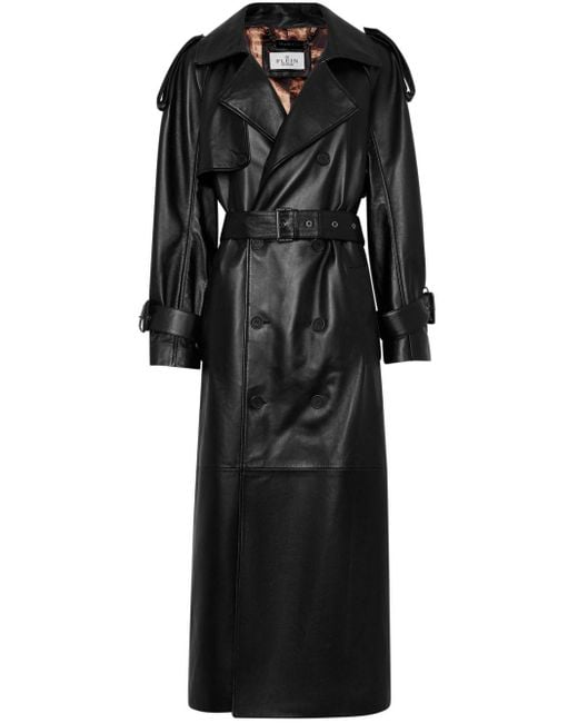 Philipp Plein Black Belted Leather Trench Coat