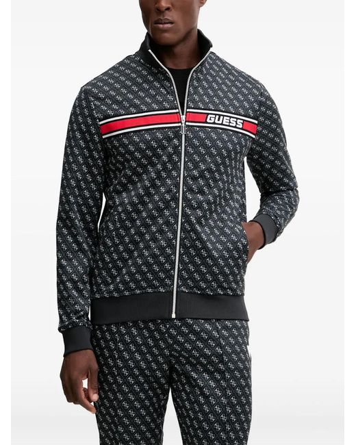 Guess Black Monogram-Pattern Zip Sweatshirt for men