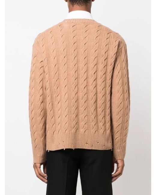 Laneus Brown Cable-Knit Crew Neck Sweater for men