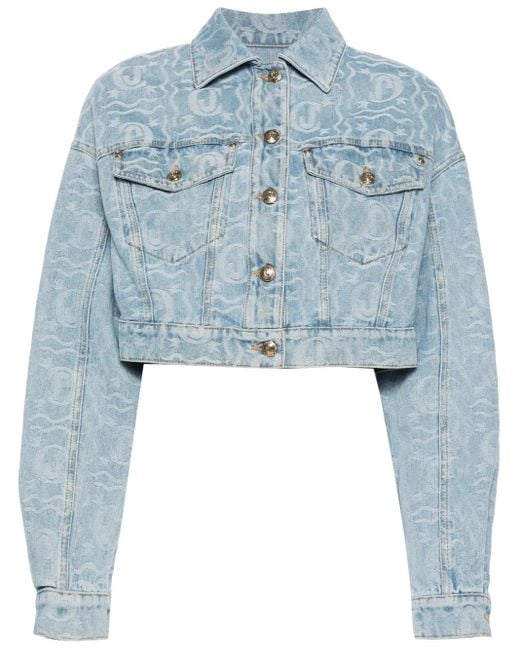 Just Cavalli Blue Logo-Jacquard Cropped Denim Jacket
