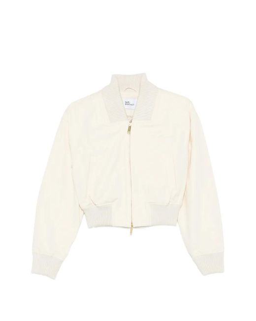 Self-Portrait White Ribbed-Trim Zip Bomber Jacket