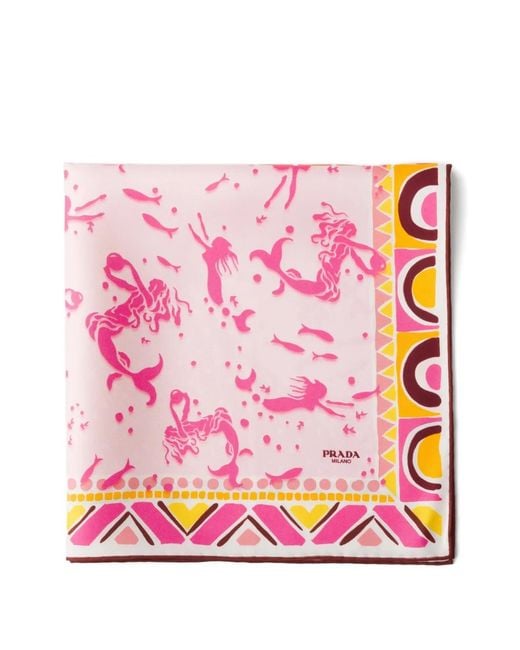Prada Pink Printed Silk Twill Scarf 55 X 55 Cm