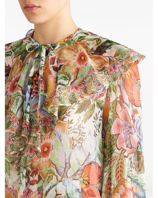 Etro White Gerüschtes Hemd Mit Blumen-Print
