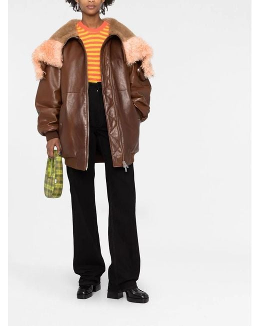 Prada Brown Shearling-Trim Zip-Up Leather Jacket