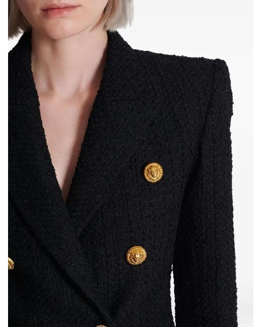 Balmain Black Blazer En Tweed À Six Boutons