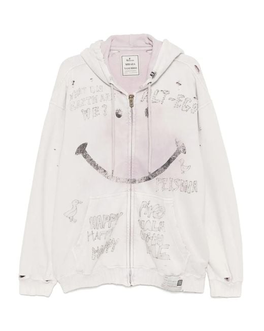 Maison Mihara Yasuhiro White Bleached Smily-Face-Print Zip-Up Hoodie for men