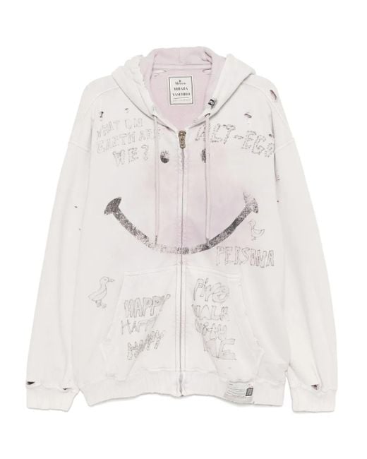 Maison Mihara Yasuhiro White Bleached Smily-Face-Print Zip-Up Hoodie for men