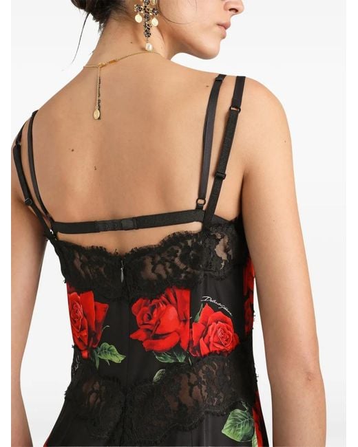 Dolce & Gabbana Red Rose-Print Charmeuse Midi Dress