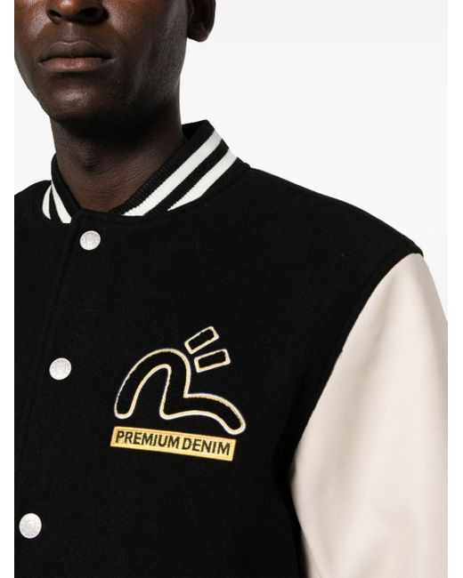 Evisu Black Daruma Appliqué Wool Baseball Jacket for men