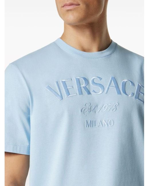 Versace Blue Logo-embroidered Cotton T-shirt for men