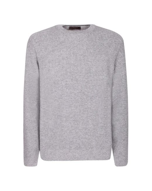 Zanone Gray Ribbed-Knit Crew-Neck Sweater for men