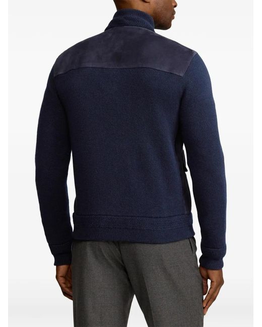 Ralph Lauren Blue Knitted Jacket With Suede Panelling for men