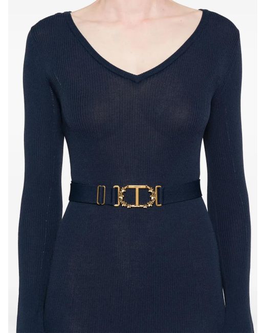 Twinset Blue Belted Ruffled Midi Dress