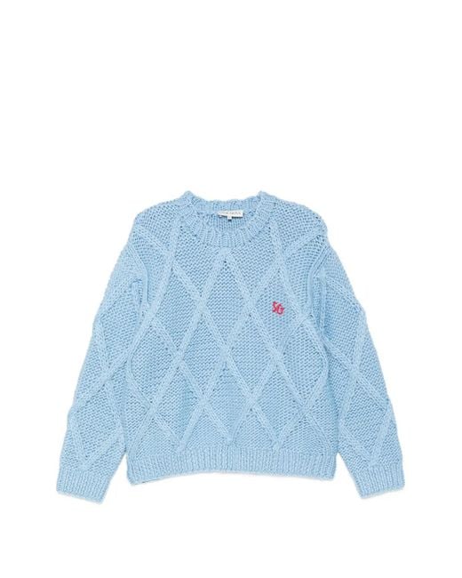 Stine Goya Blue Cable-Knit Embroidered-Logo Sweater