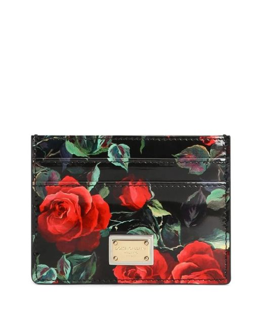 Dolce & Gabbana Red Polished Calfskin Rose Print Card Holder Accessories
