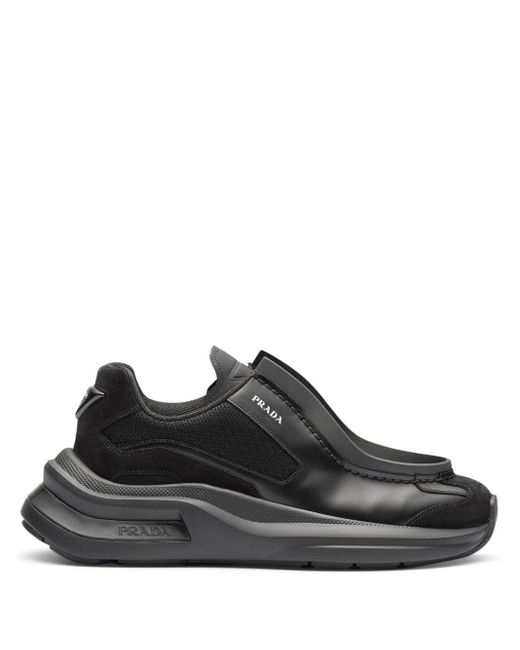 Prada Systeme Brushed Leather Sneakers With Bike Fabric And Suede ...