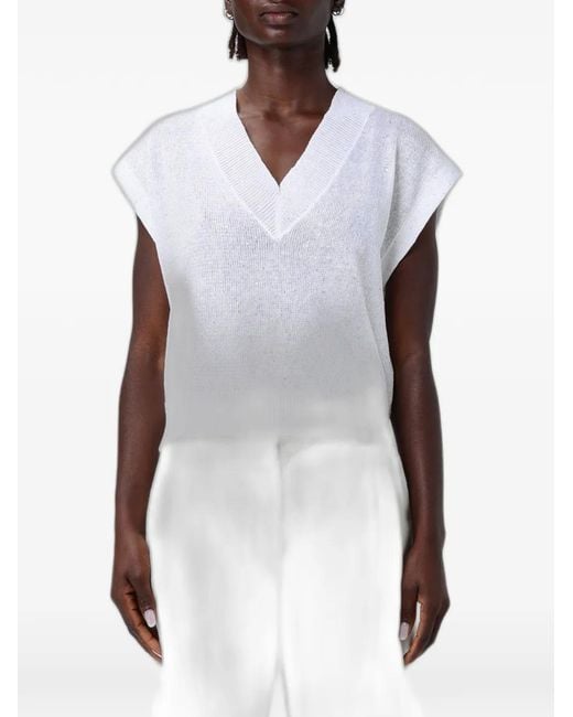 Brunello Cucinelli White Sequin-Embellished V-Neck Sweater