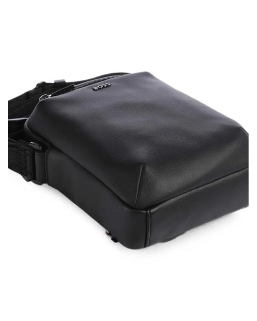 Boss Black Grained-Texture Logo-Plaque Messenger Bag for men