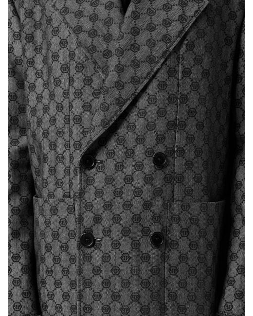 Philipp Plein Gray Monogram-Jacquard Double-Breasted Coat for men