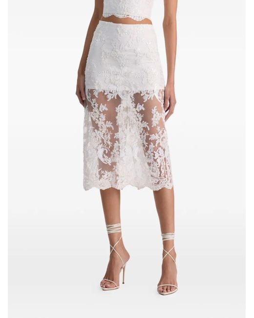 Alice + Olivia White Medine Embellished Lace Midi Skirt