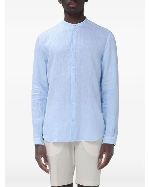 Brooksfield Blue Band-Collar Linen Shirt for men