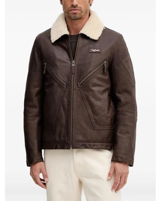 Aeronautica Militare Brown Zip-Up Textured-Collar Leather Jacket for men