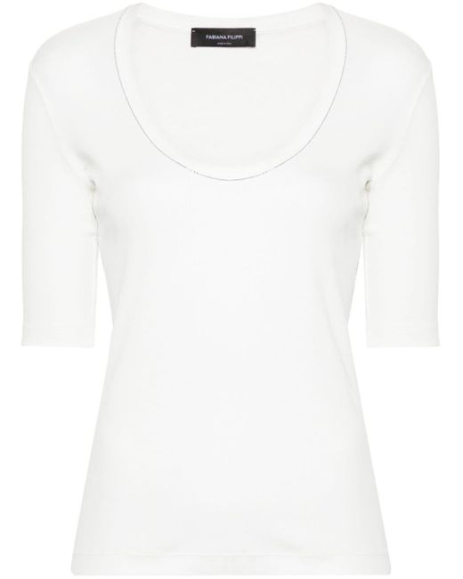 Fabiana Filippi White Gebürstetes T-Shirt mit Kettendetail