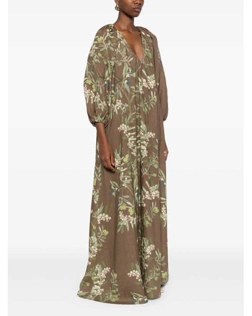 BERNADETTE Georgio Draped Floral-Print Linen Maxi Dress in Green | Lyst